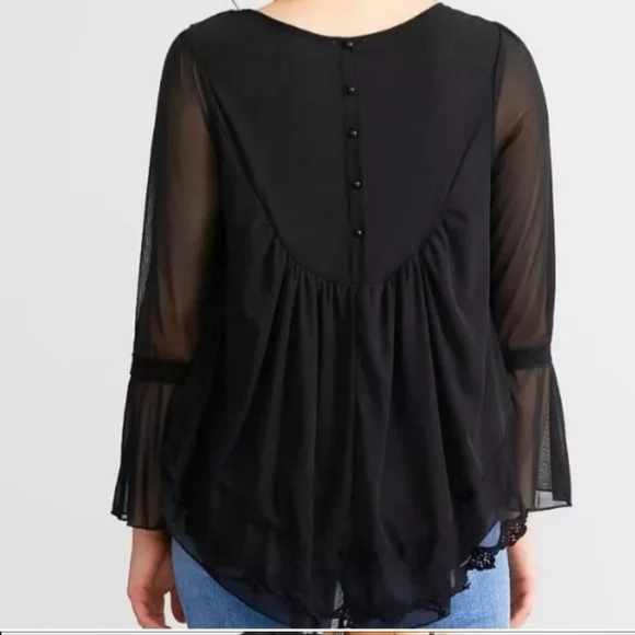 Cato • Women's Black Sheer Crochet Lace Bell Sleeve Peasant Blouse - Picture 3 of 16